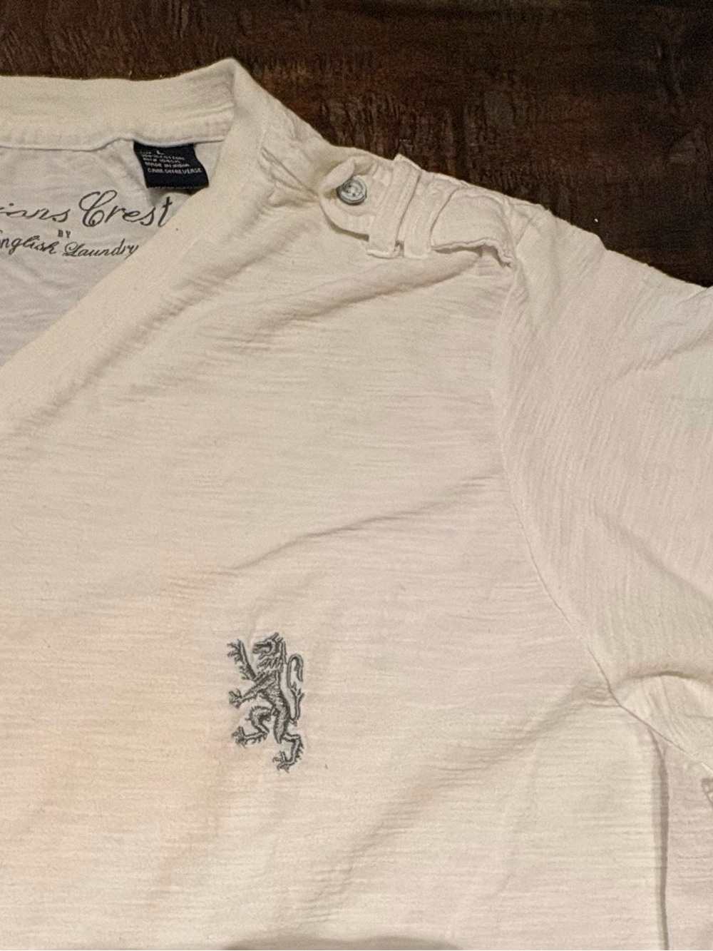 English Laundry White V-Neck Short Sleeve Shirt with Embroidered Lions Crest